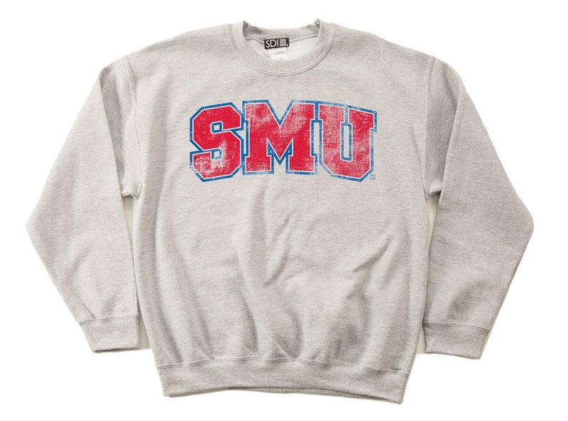 SMU Mustangs 50/50 Blended 8-Ounce Vintage Arch Crewneck Sweatshirt, Large, Sport Grey